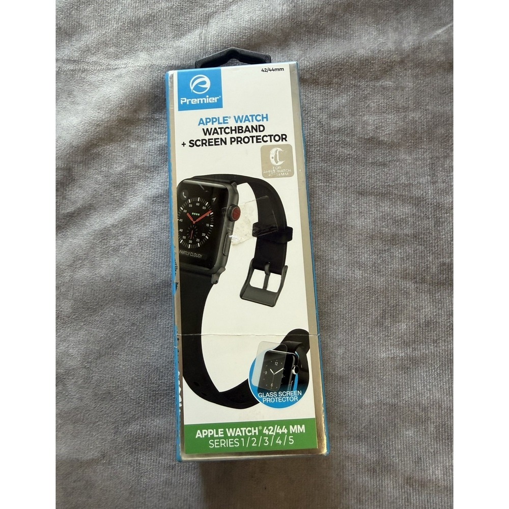 Premier Black Silicone Wristband + Glass Screen Protector Apple Watch 42/44mm